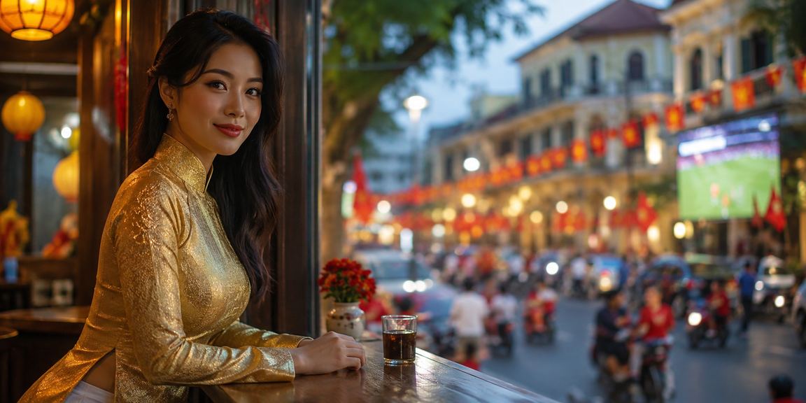 Người phụ nữ Hà Nội mặc áo dài theo dõi trận bóng đá và đặt cược trực tuyến trên điện thoại di động