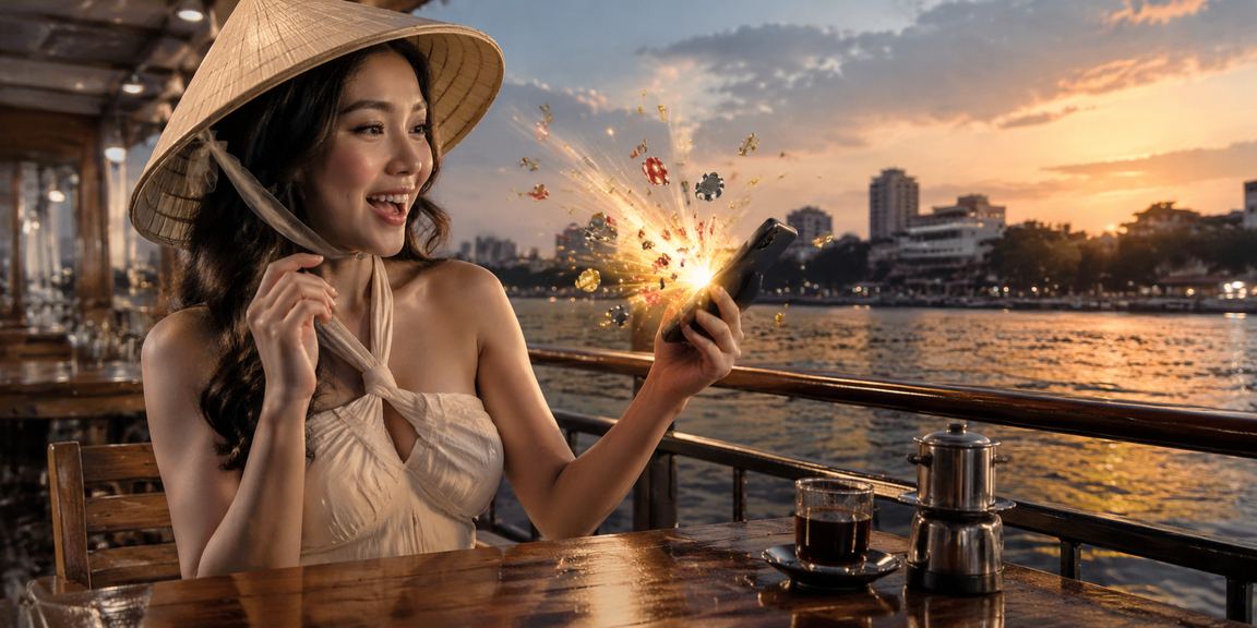 Người dùng tại Hà Nội đang sử dụng ứng dụng casino di động 5511 trên điện thoại Android trong khung cảnh đặc trưng Việt Nam