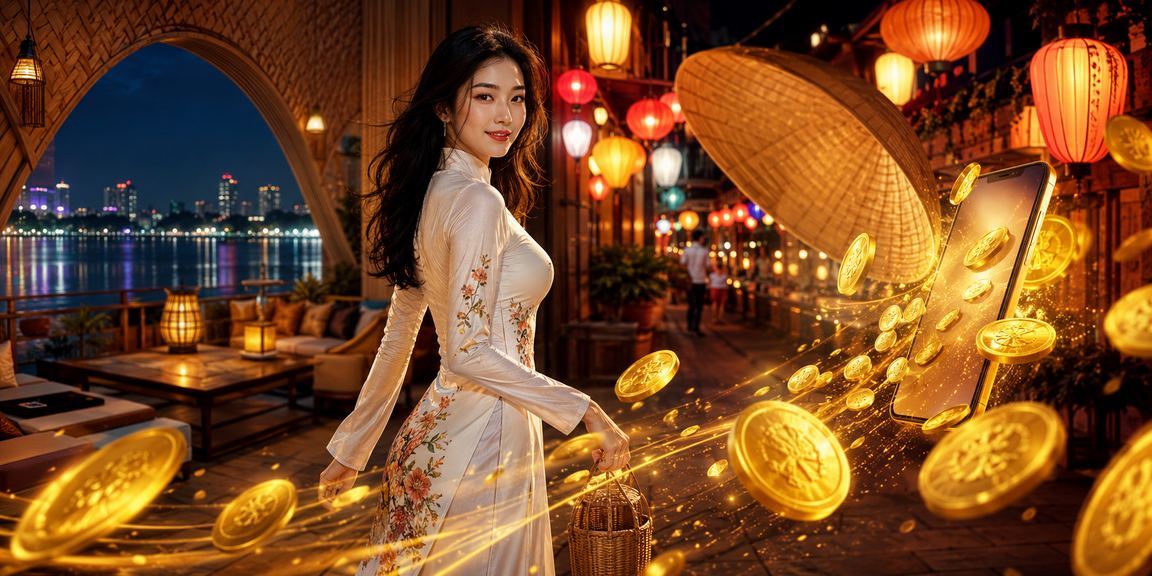 Người phụ nữ Hà Nội đội nón lá truyền thống đang đăng ký tài khoản casino trực tuyến và nhận thưởng chào mừng